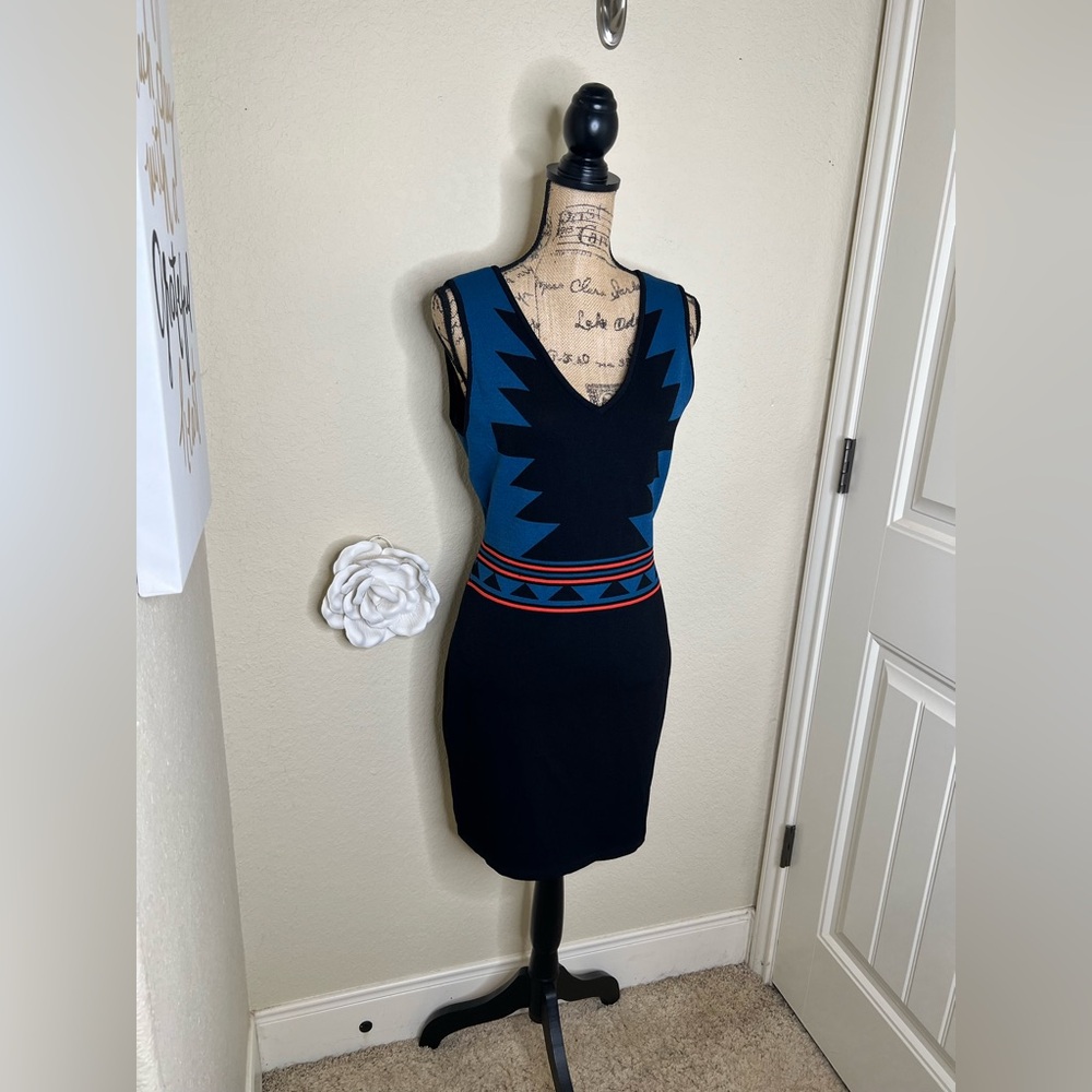 NTM Romeo & Juliet Couture Aztec Bodycon Dress Blue Black Bandage Mini Size L - Picture 9 of 14